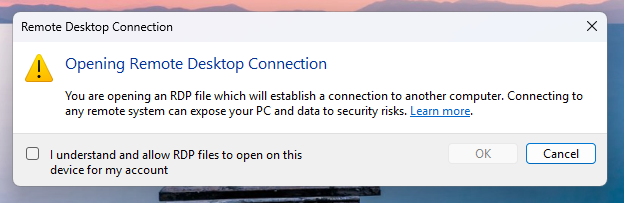 The new first-launch dialog warns users about RDP file risks before allowing connections