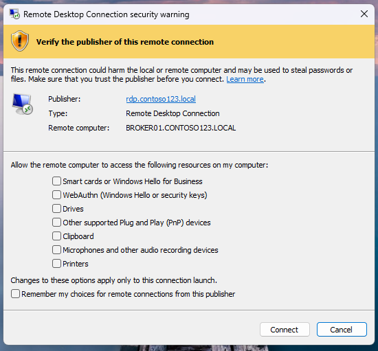 The security warning for signed RDP files shows the verified publisher name