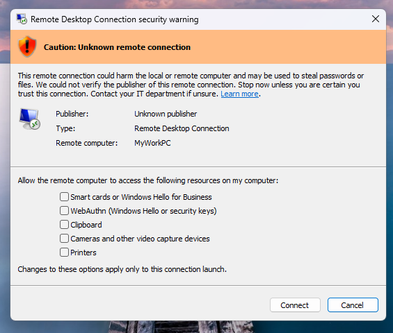 The security warning for unsigned RDP files shows a red Caution banner with Unknown publisher