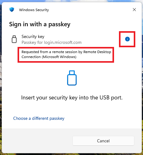 Windows displays a warning when a WebAuthn request comes from a remote session